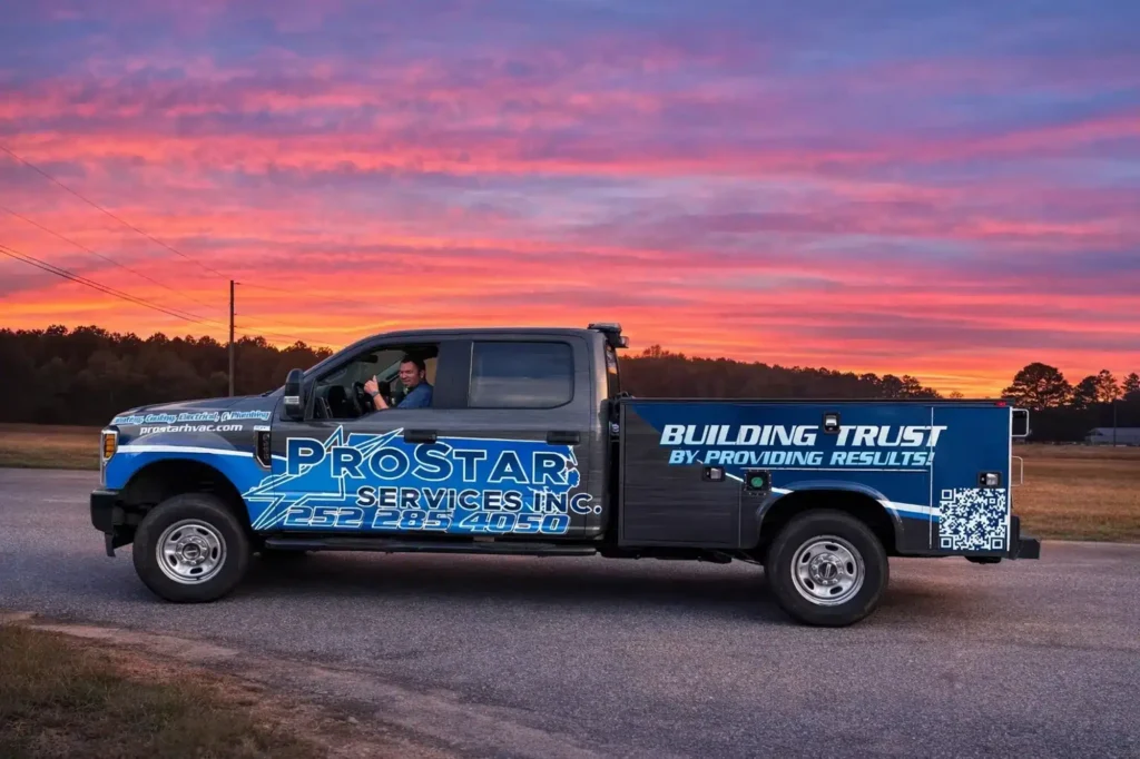 Prostar Services truck wrapped with the slogan Building Trust by Providing Results, parked at sunset in Wilson, NC